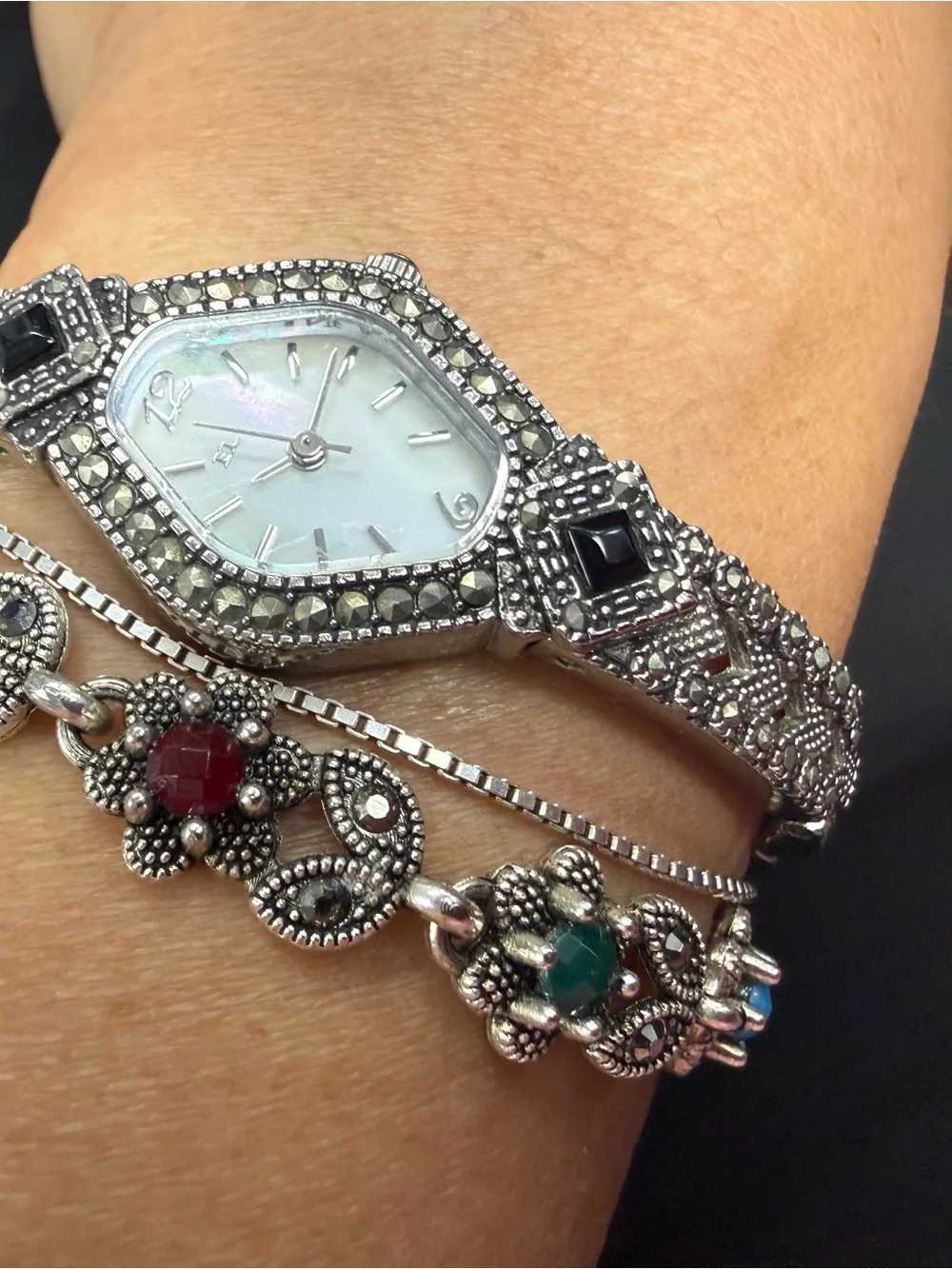 Vintage Elgin Ladies Marcasite Onyx Watch Mother of Pearl Dial Art Deco Style